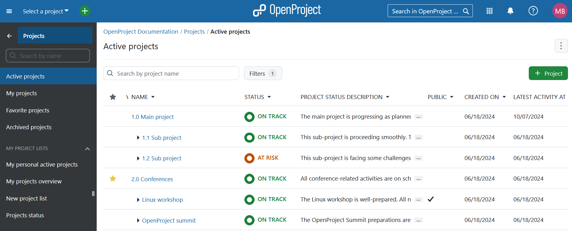 Eine Liste aller Projekte in OpenProject