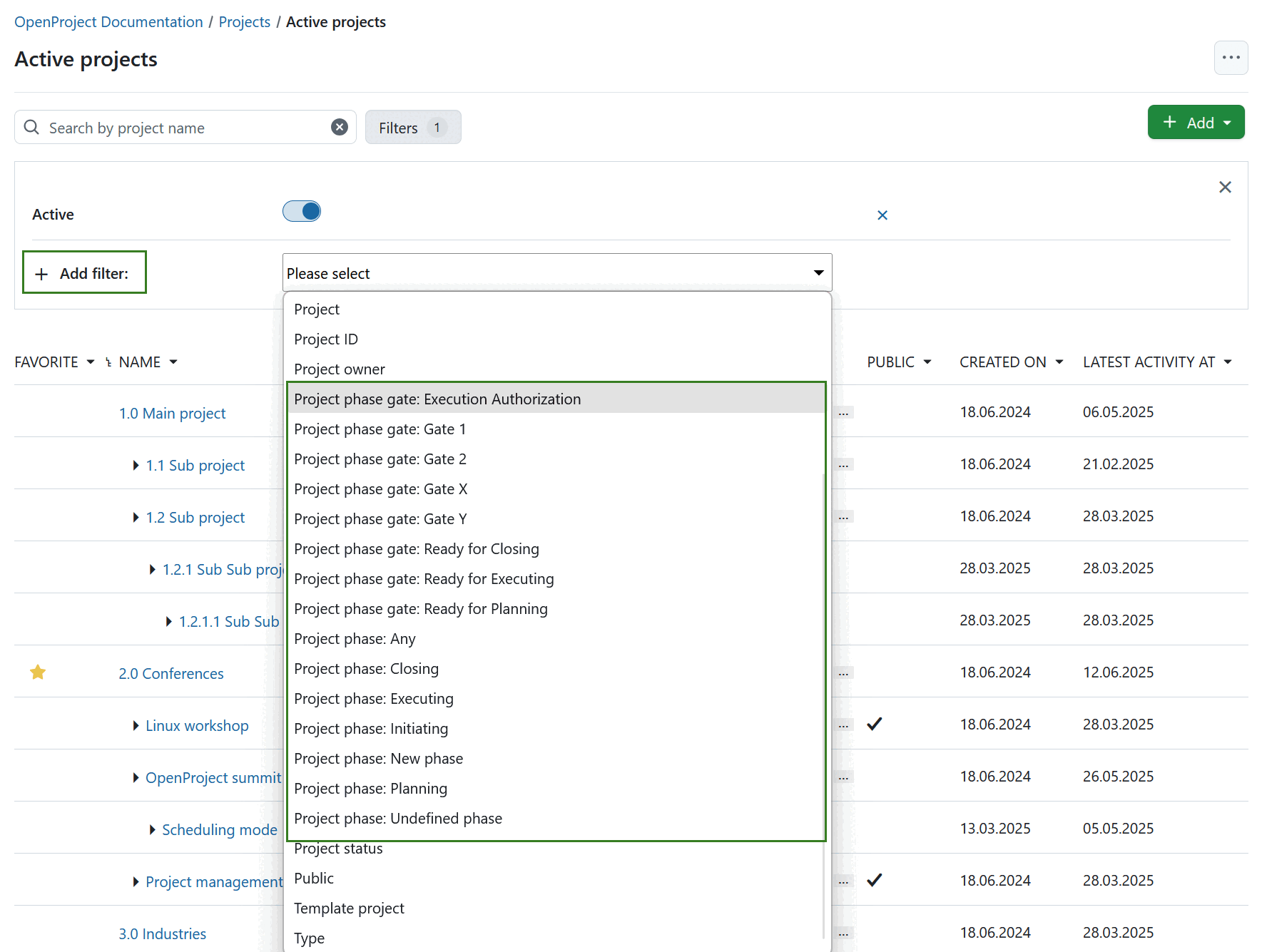 Project lists filter by project phases and phase gates in OpenProject