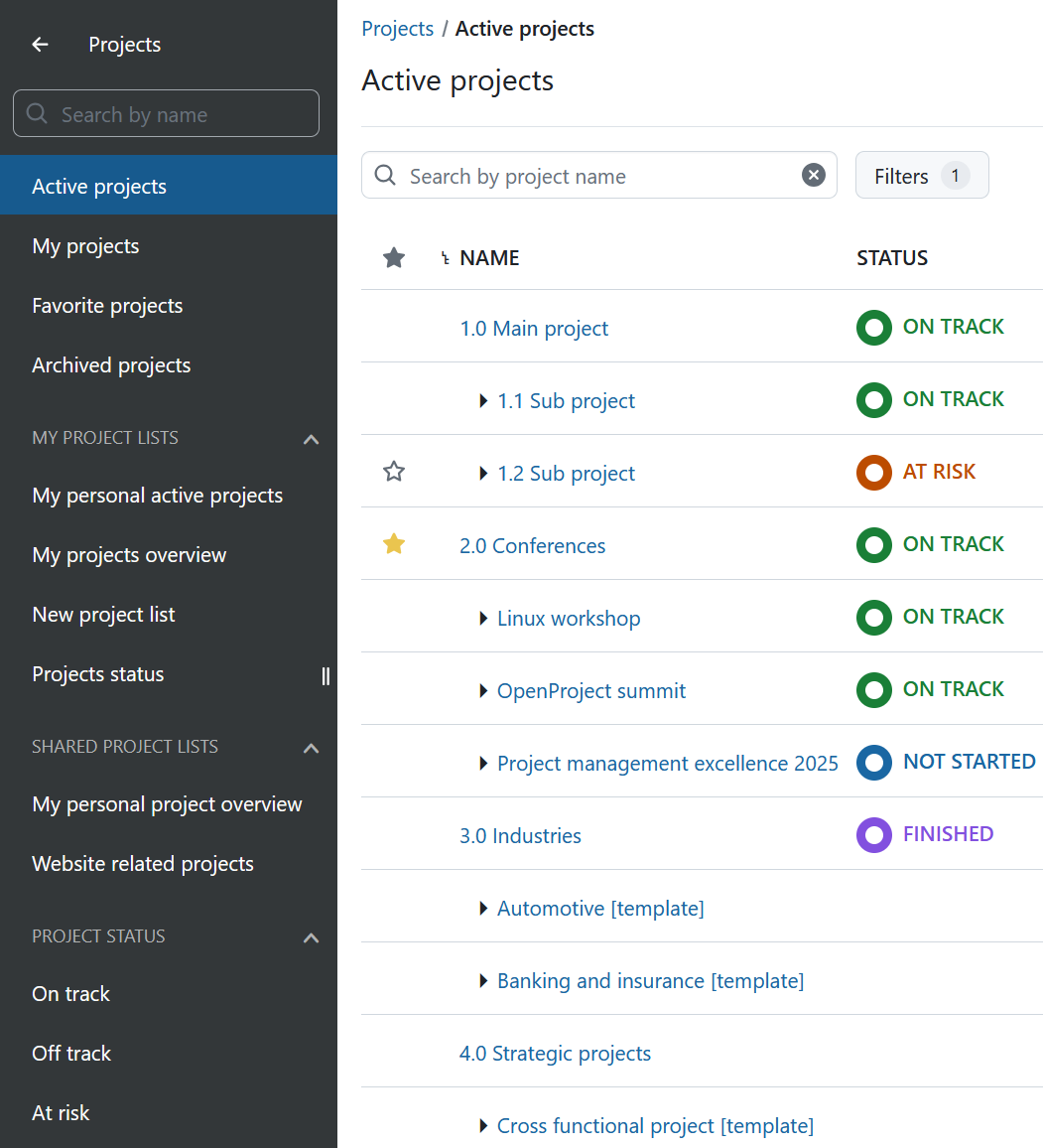 Filtros para las listas de proyectos en OpenProject