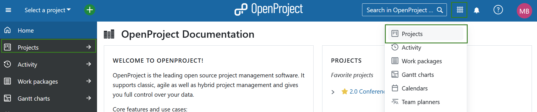 Wählen Sie alle Projekte aus dem globalen Modul-Menü in OpenProject