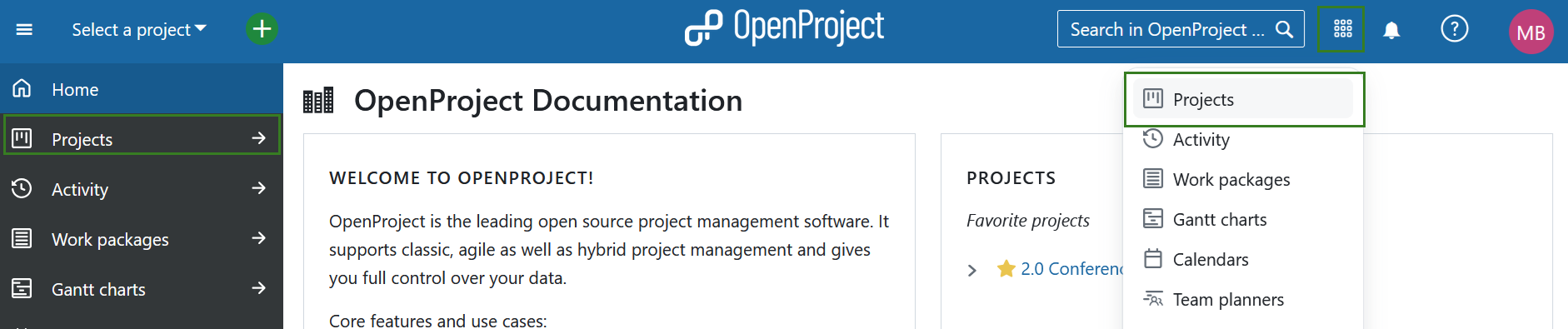 Sélectionner tous les projets dans le menu des modules globaux dans OpenProject