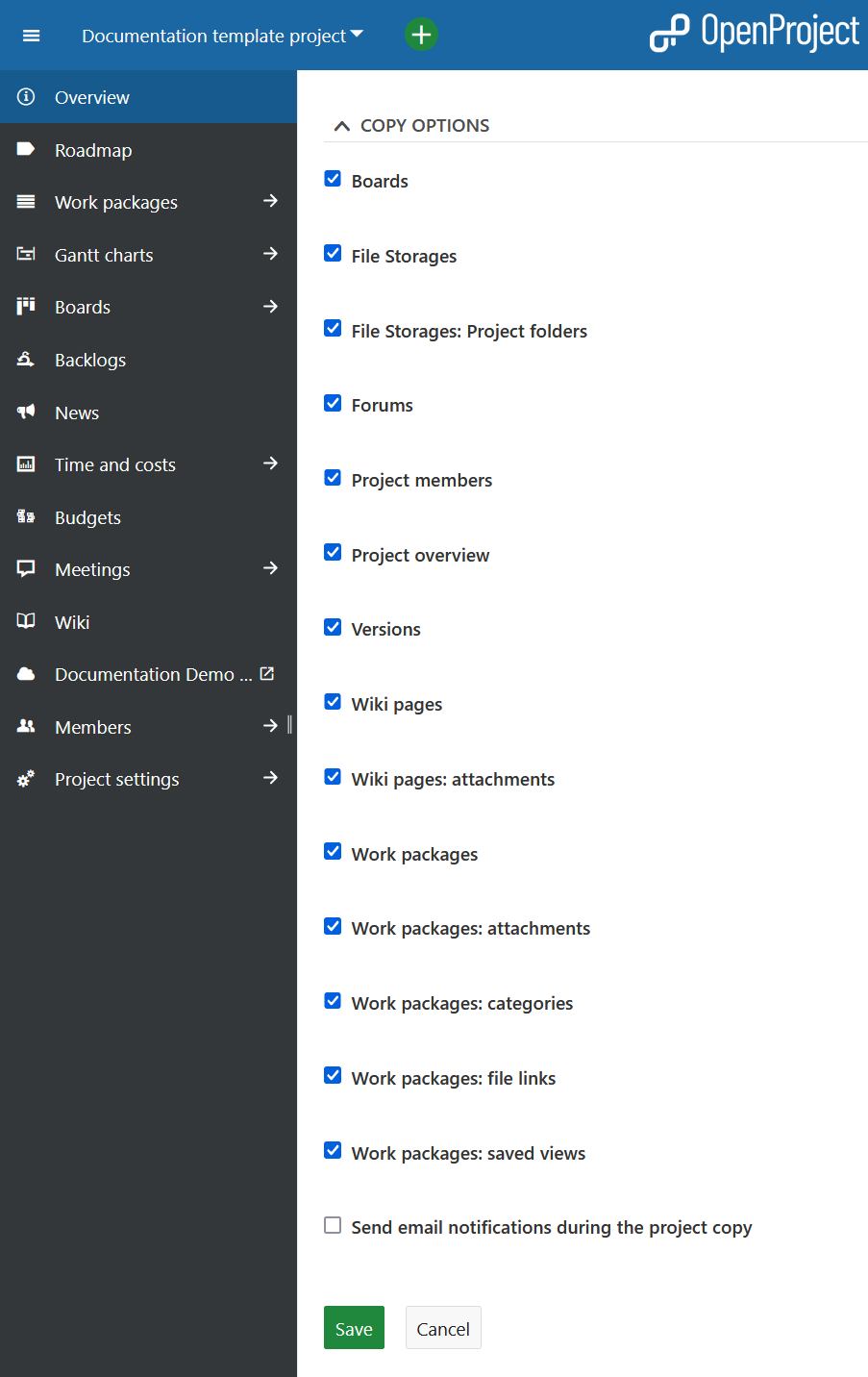 Options de copie lors de la copie d’un projet dans OpenProject