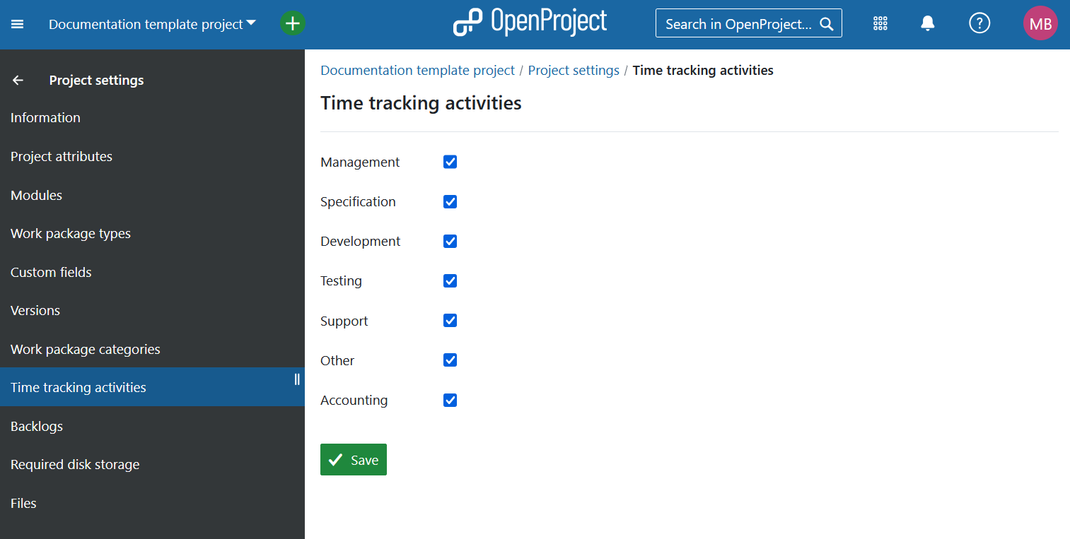 Zeiterfassung unter Projekteinstellungen in OpenProject