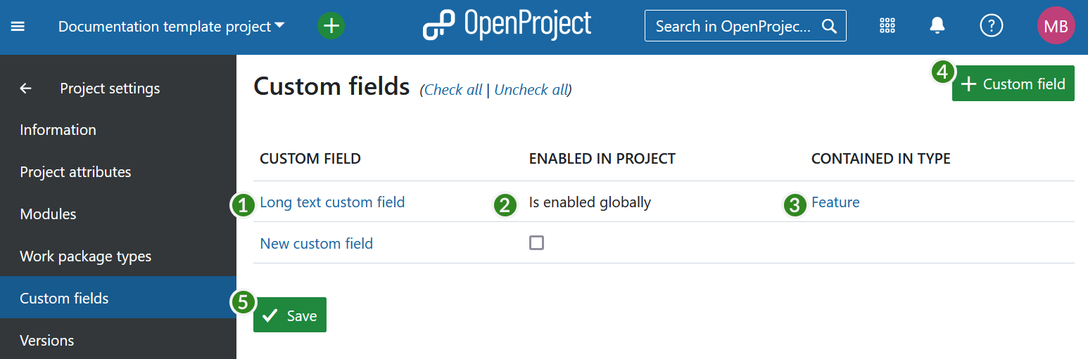 Custom fields settings in OpenProject project settings