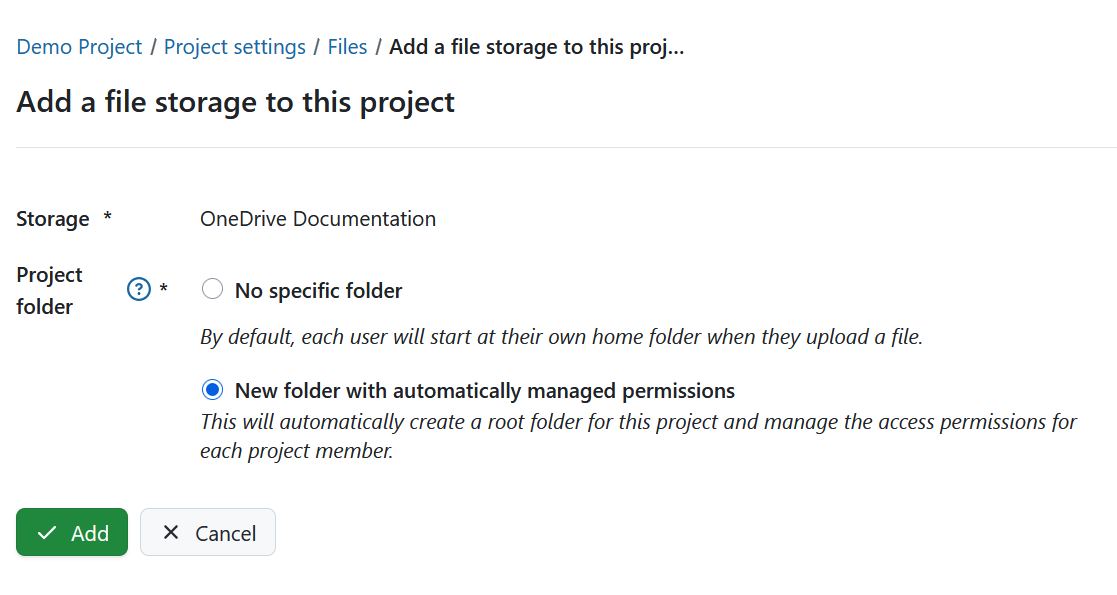 Select OneDrive folder type in OpenProject