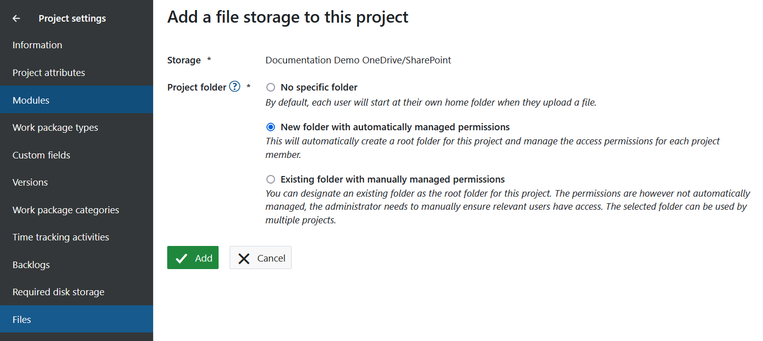 Seleccione el tipo de carpeta OneDrive/SharePoint en OpenProject