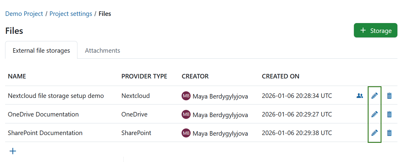 List of project storages, edit or delete