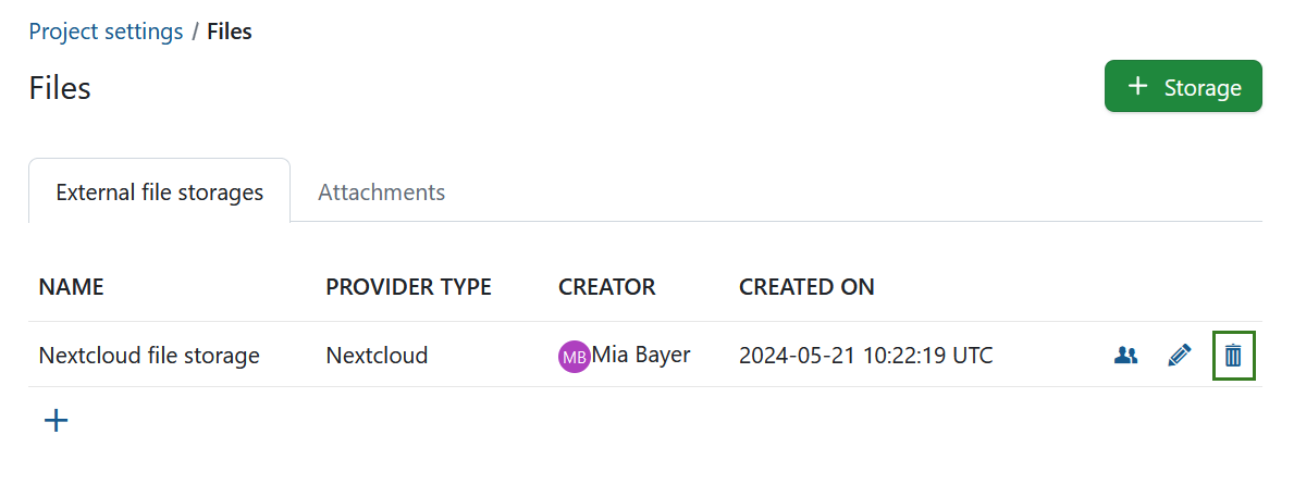 Delete an existing file storage in an OpenProject project
