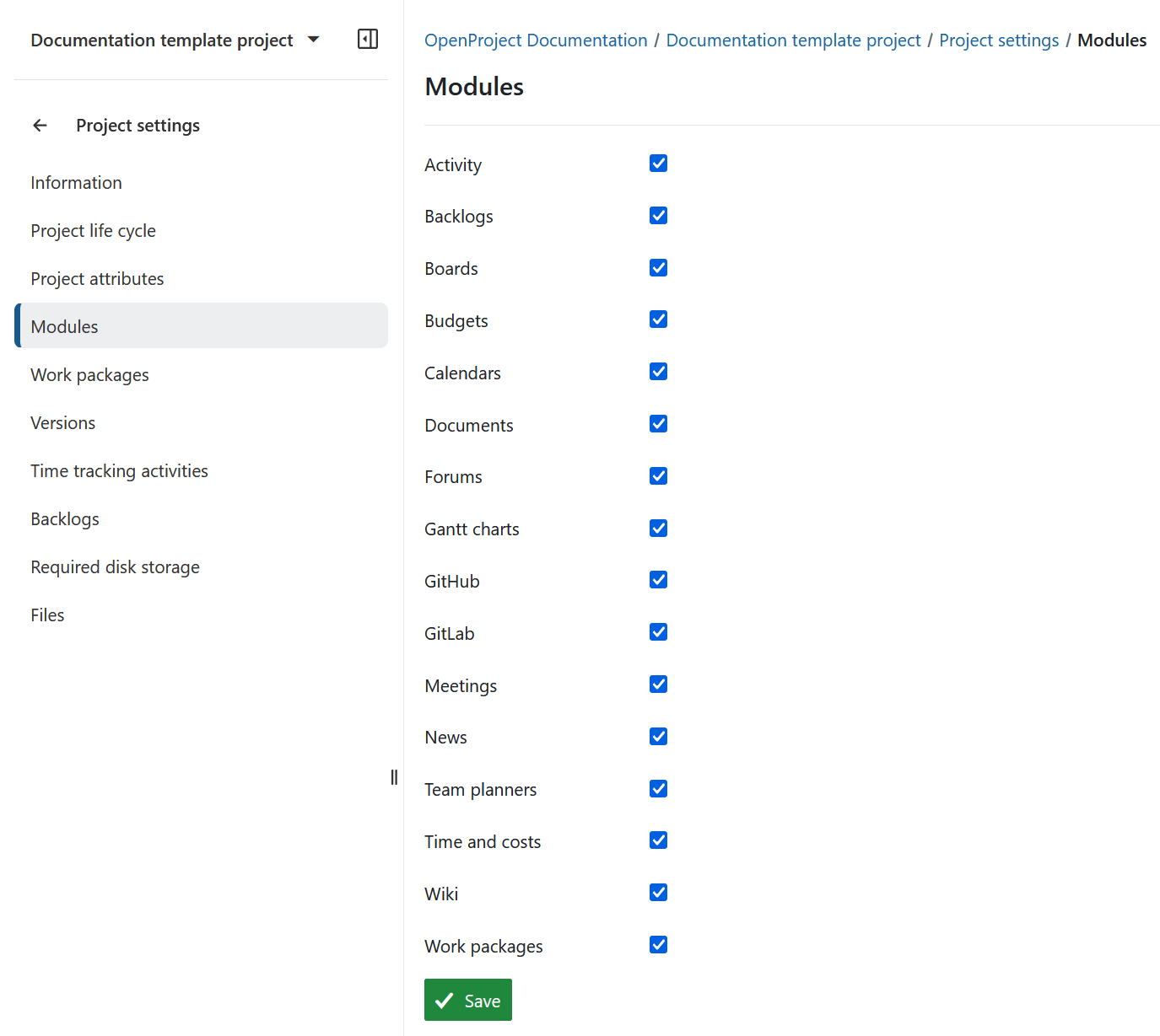 Overview of modules under project settings in OpenProject
