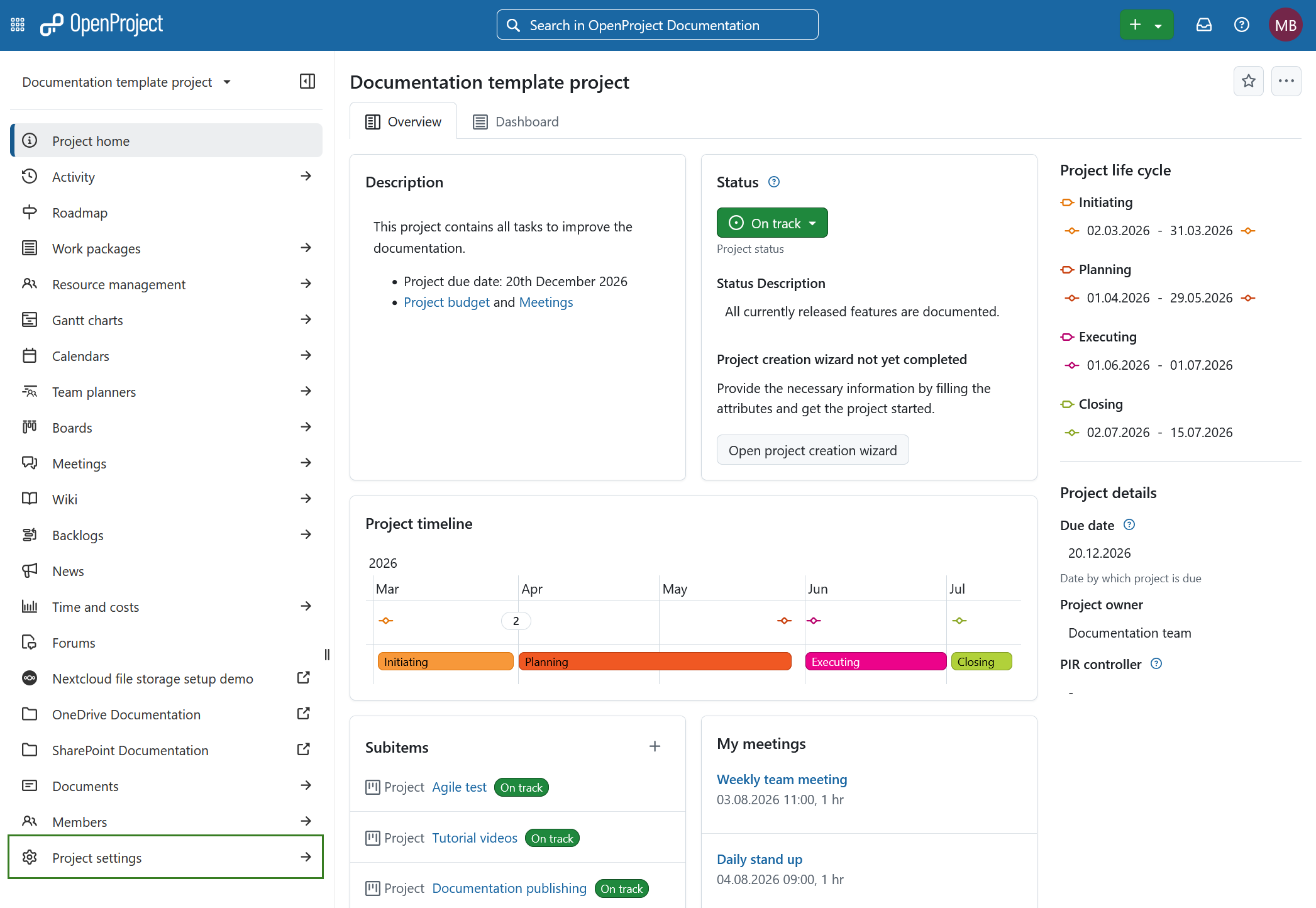 Project settings module selected in left-hand project menu in OpenProject