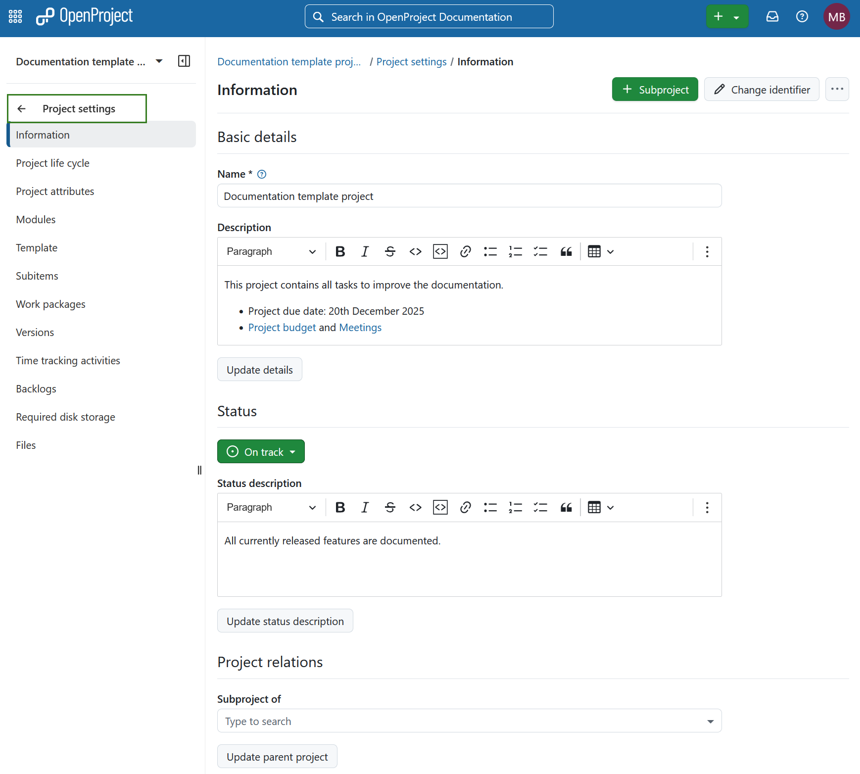 Project settings module selected in left-hand project menu in OpenProject