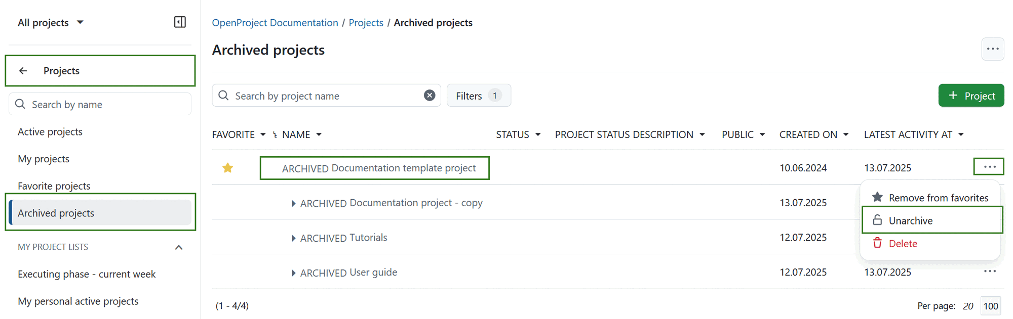 An archived project shown in projects list in OpenProject