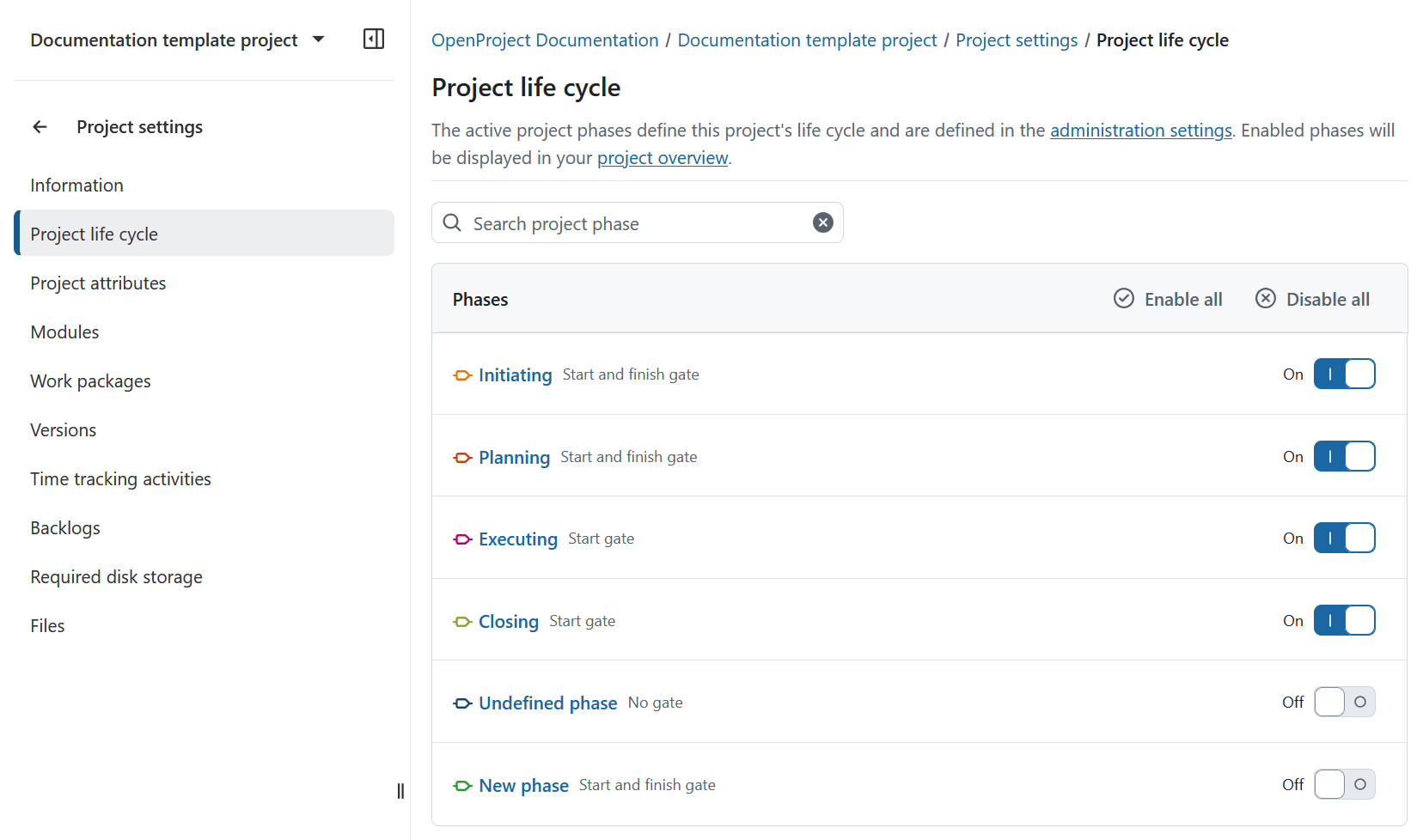 Project life cycle under project settings in OpenProject listing all available project phases