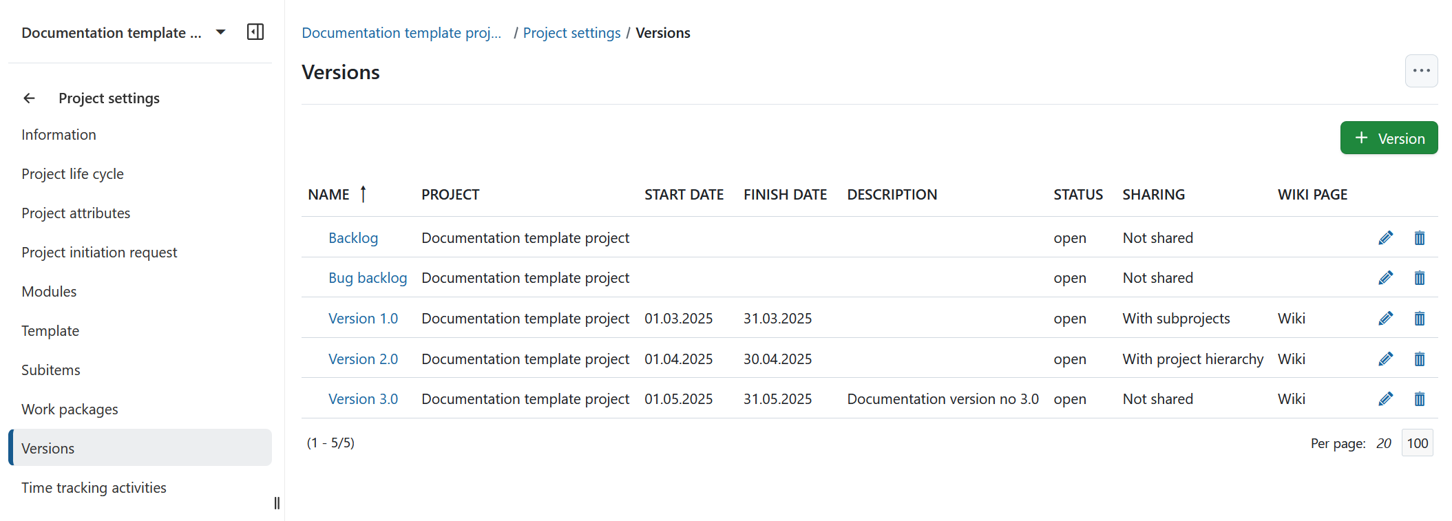 Versions in project settings in OpenProject