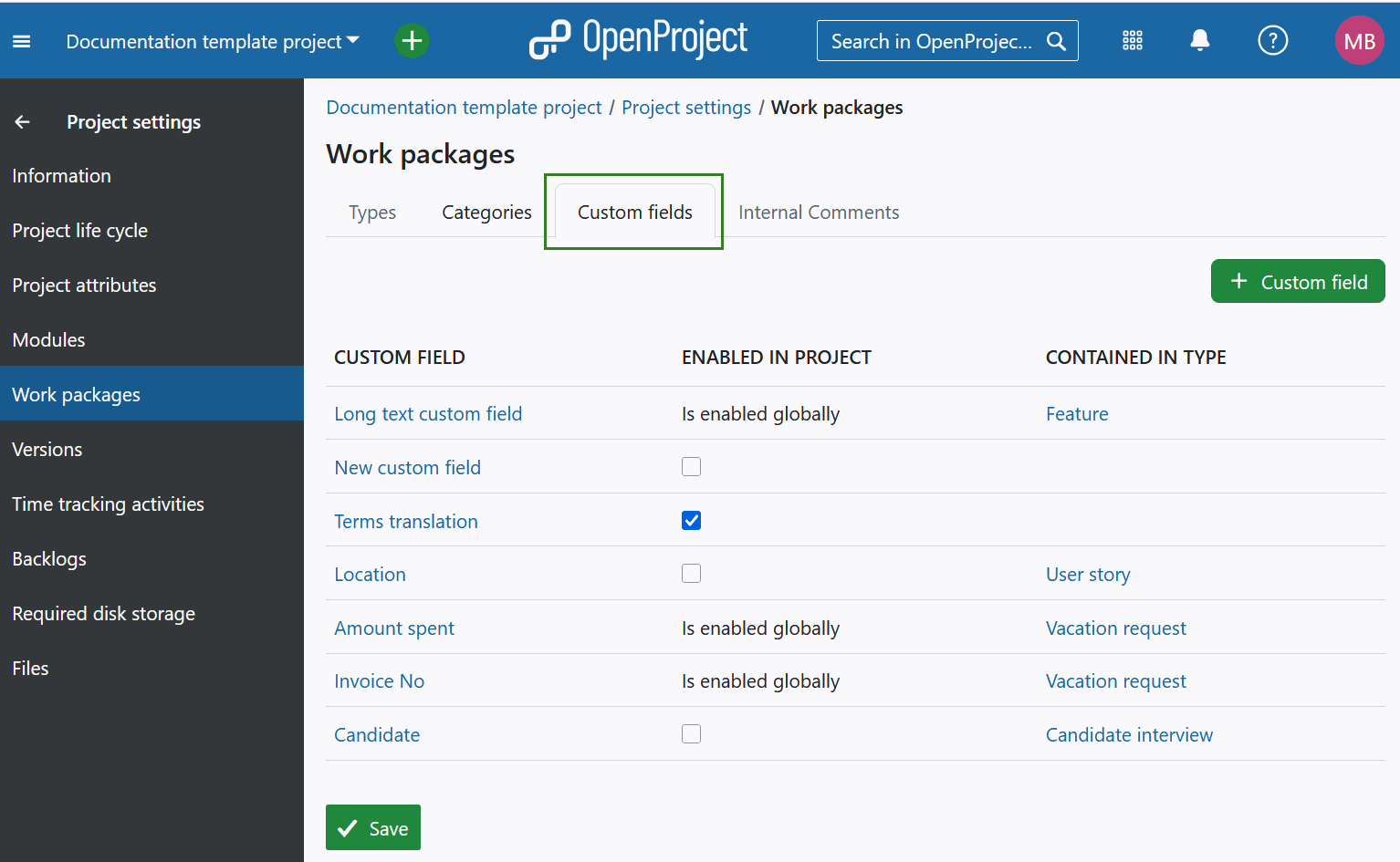Custom fields settings in OpenProject project settings