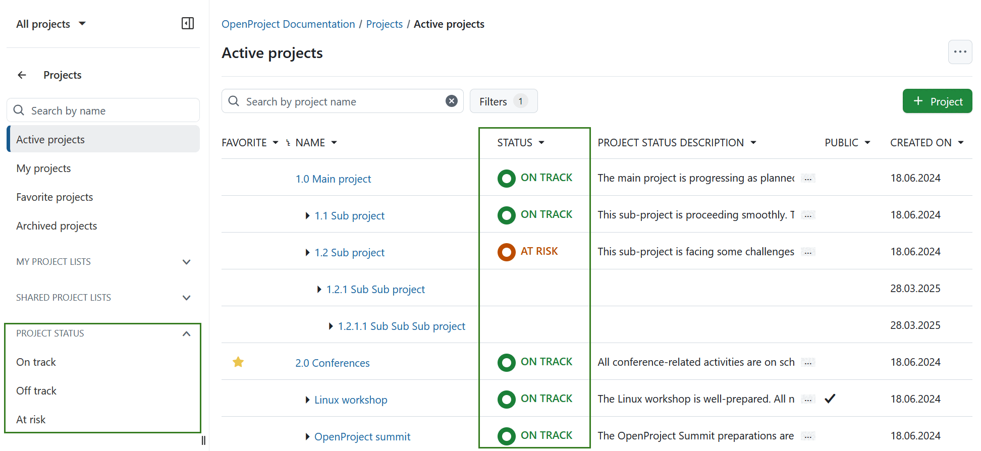 Project list displaying project status column and project status filters in OpenProject