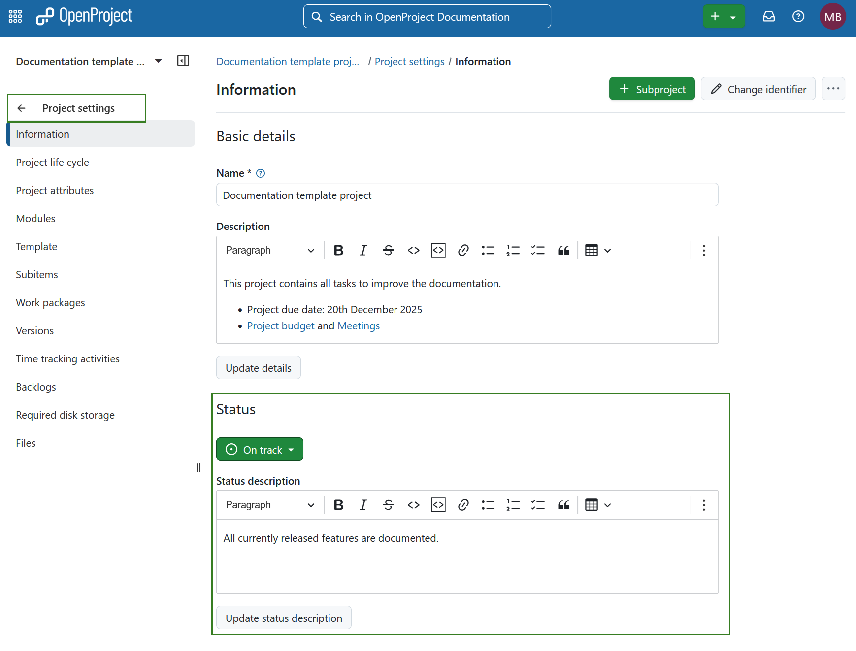 Project status section under project settings module in OpenProject