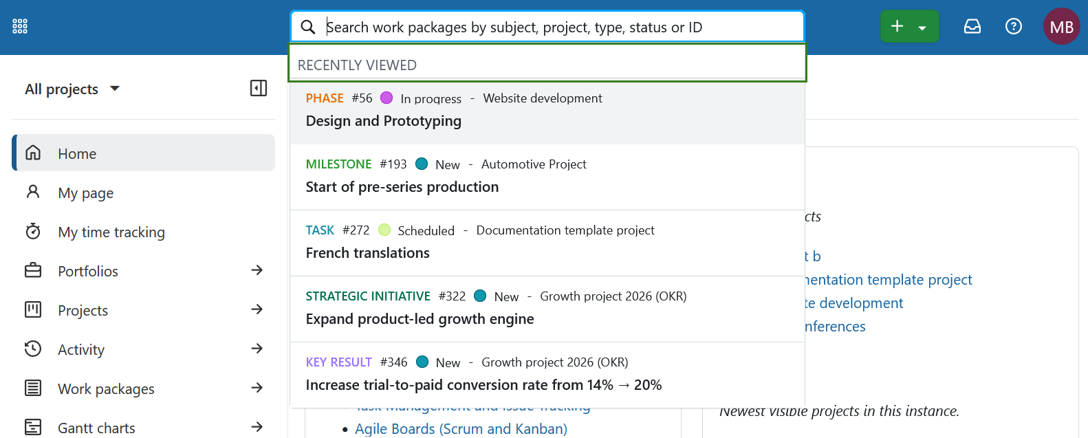 Recently viewed work packages filter in the search bar in OpenProject