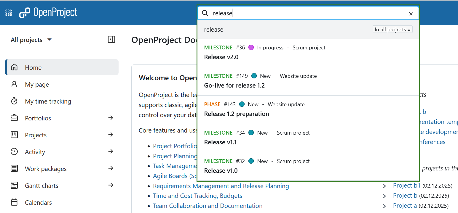 Search results for a global search using the keyword “release” in OpenProject