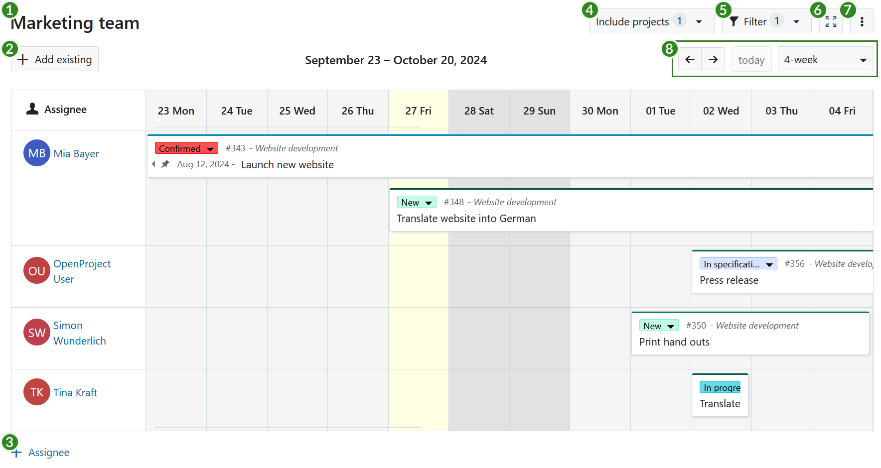 A screenshot of an example team planner with different functions highlighted