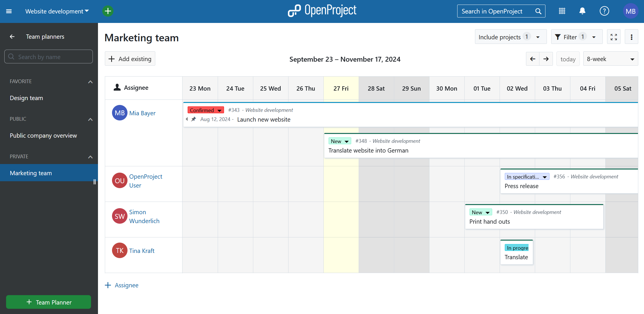 Example team planner showing an eight-week view of work packages assigned to team members