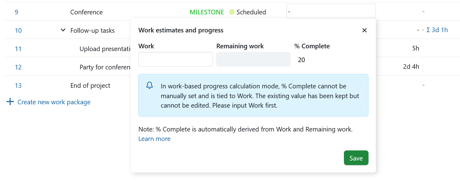 Work estimates and progress pop-over with only the previous % Complete value