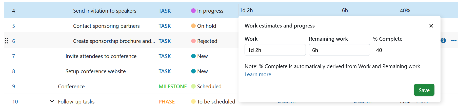Work estimates and progress pop-over with work-based progress reporting