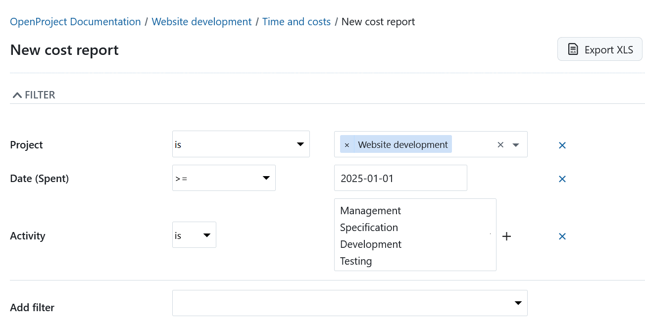 Time and cost reports filters in OpenProject