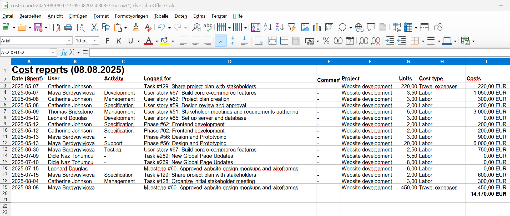 Example of an Excel export of a time and cost report in OpenProject