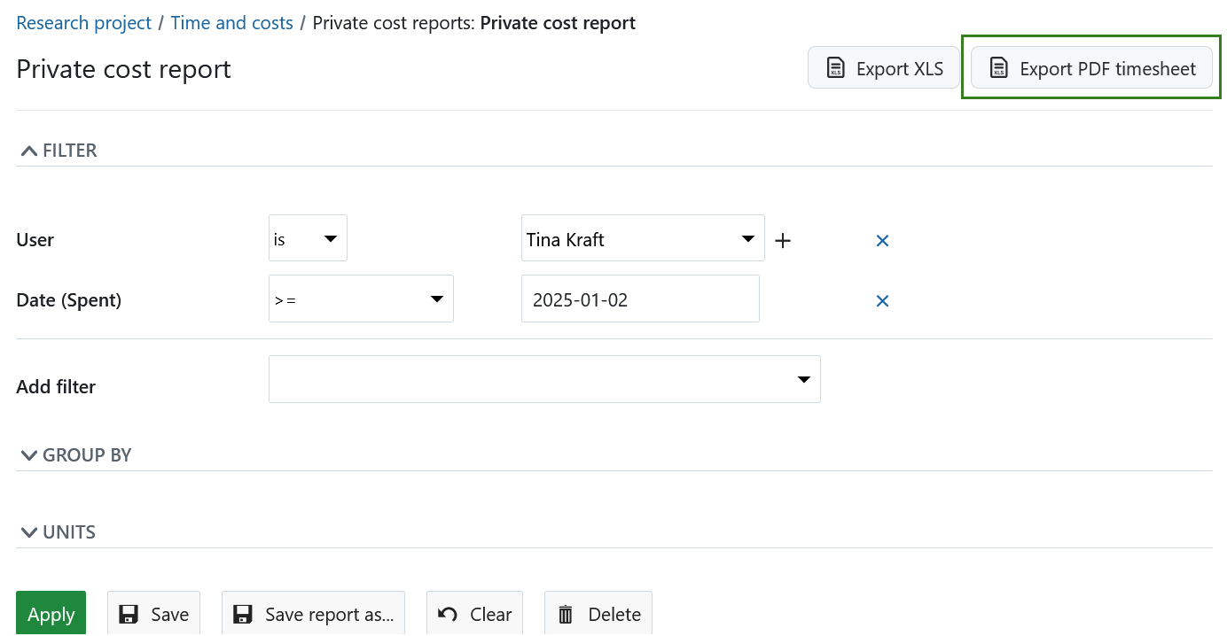 Paramètres pour l’exportation PDF de la feuille de temps dans OpenProject