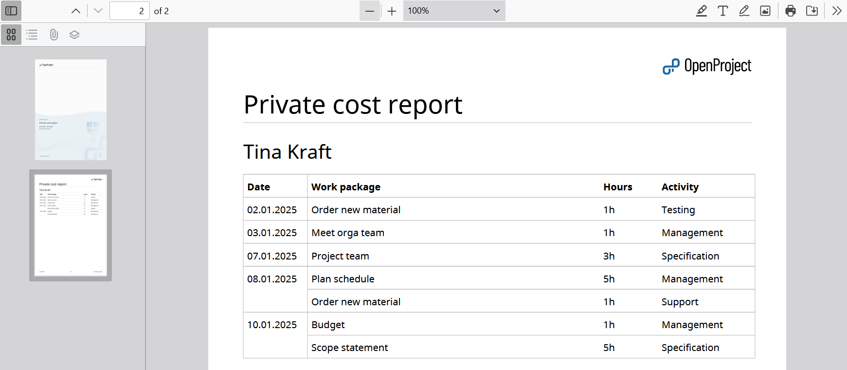 Exportation des feuilles de temps en PDF dans OpenProject