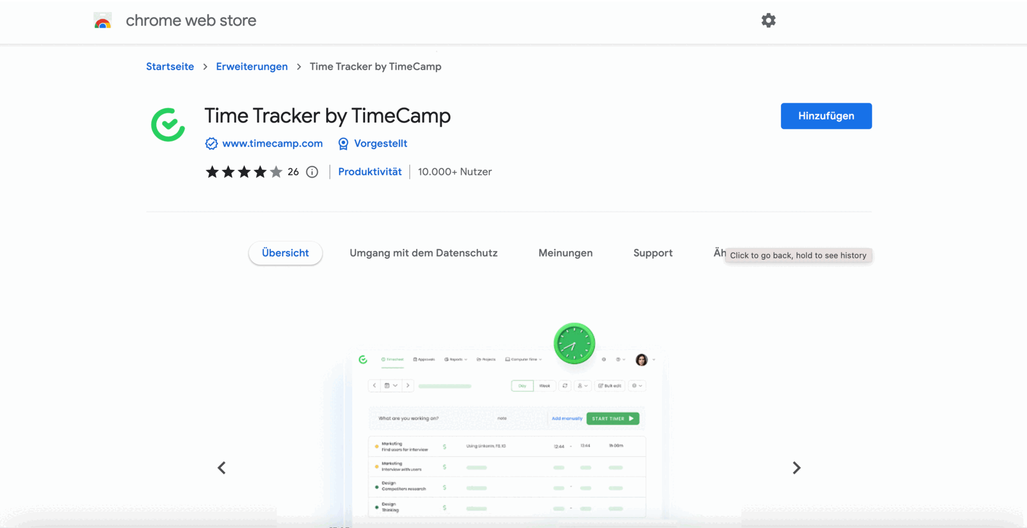 TimeCamp extension in Google Chrome shop