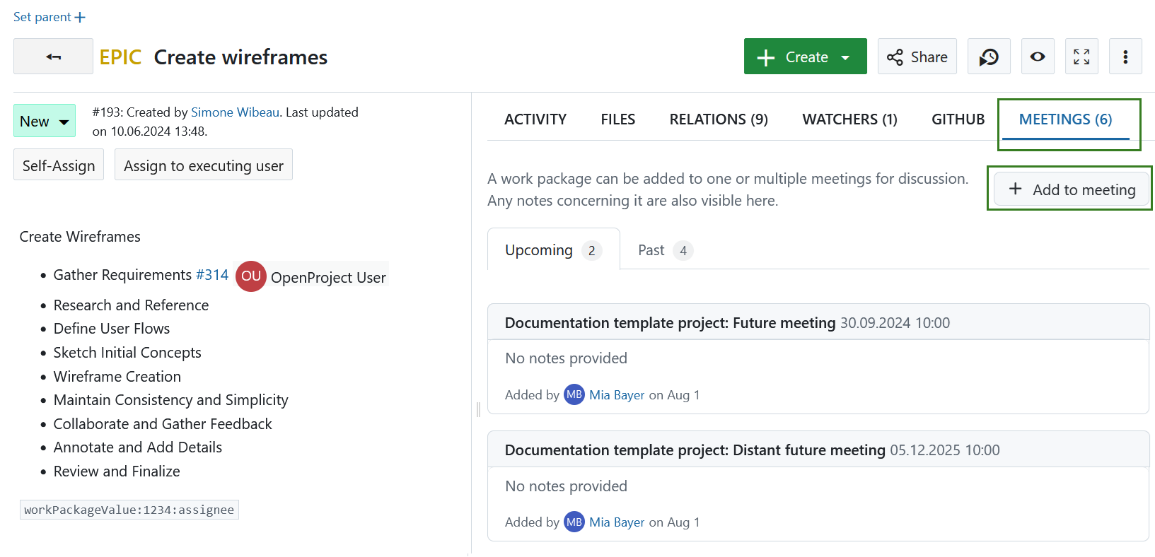 Add a work package to a meeting in OpenProject