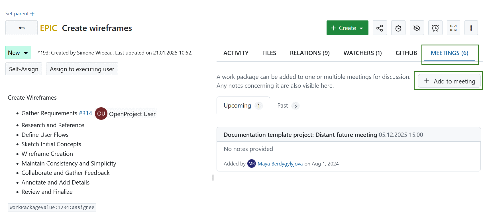 Add a work package to a meeting in OpenProject