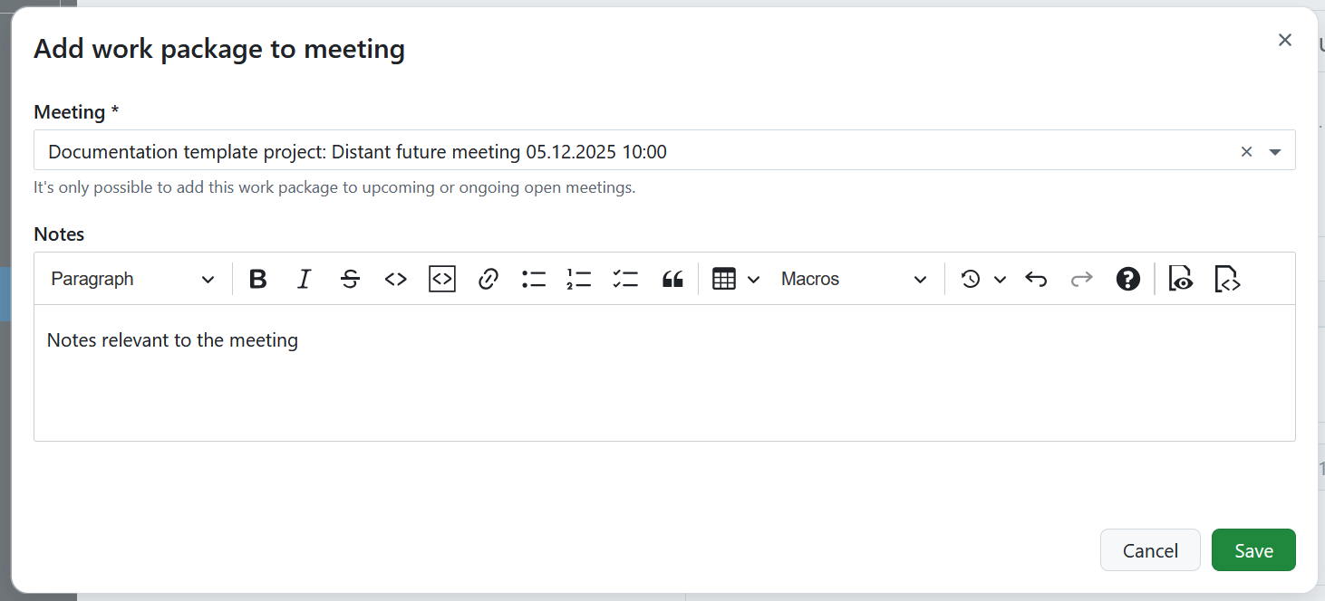 Add a work package to a new meeting