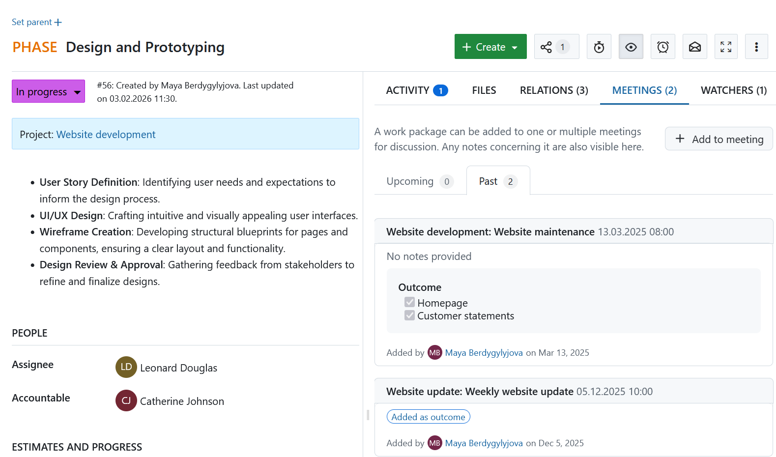 Agenda item outcomes displayed in Meetings tab in a work package in OpenProject