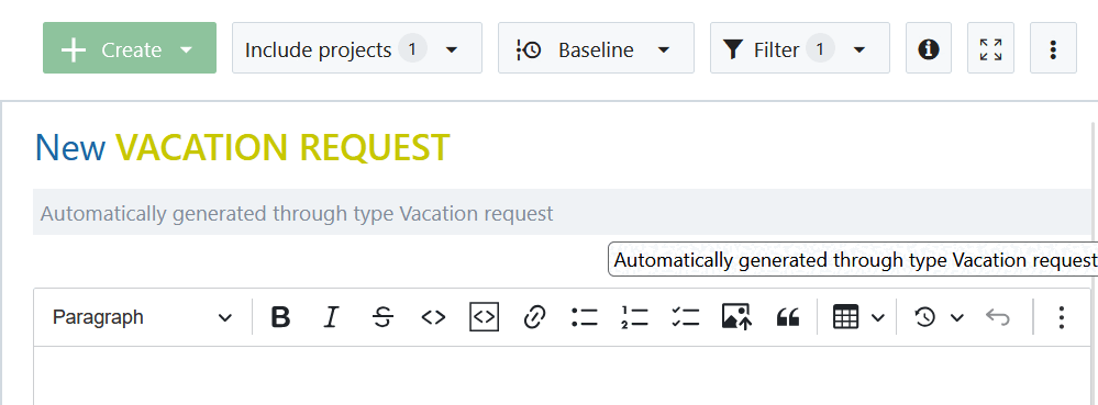 Example of a newly created work package with a locked subject field in OpenProject