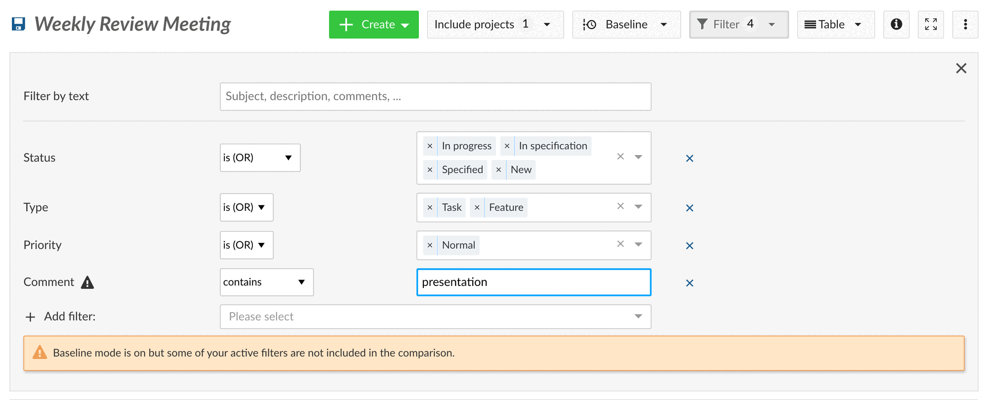An icon and a message warning that certain filter criteria are not taken into account by Baseline