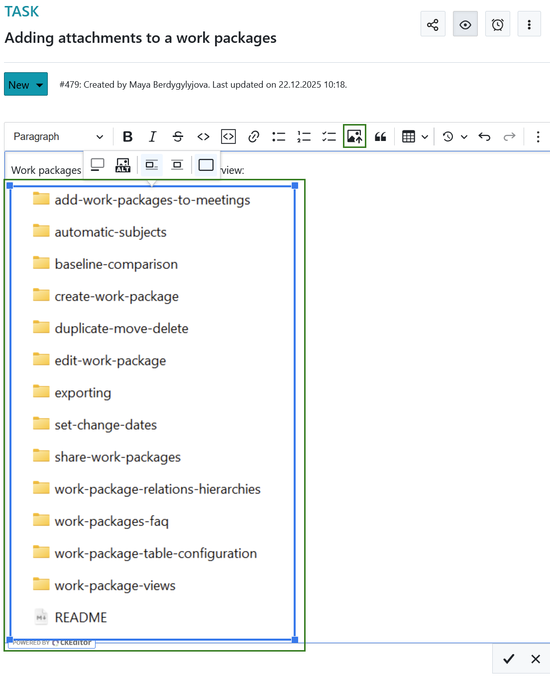 Add an attachment to a Work package description in OpenProject