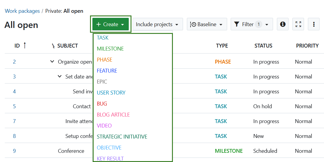 Button to create a new work package above the work packages table view in OpenProject