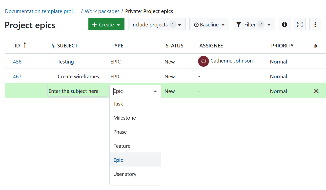 Form to create a new work package directly in a work package table in OpenProject