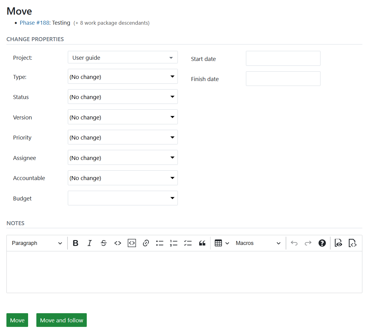 change project of work package