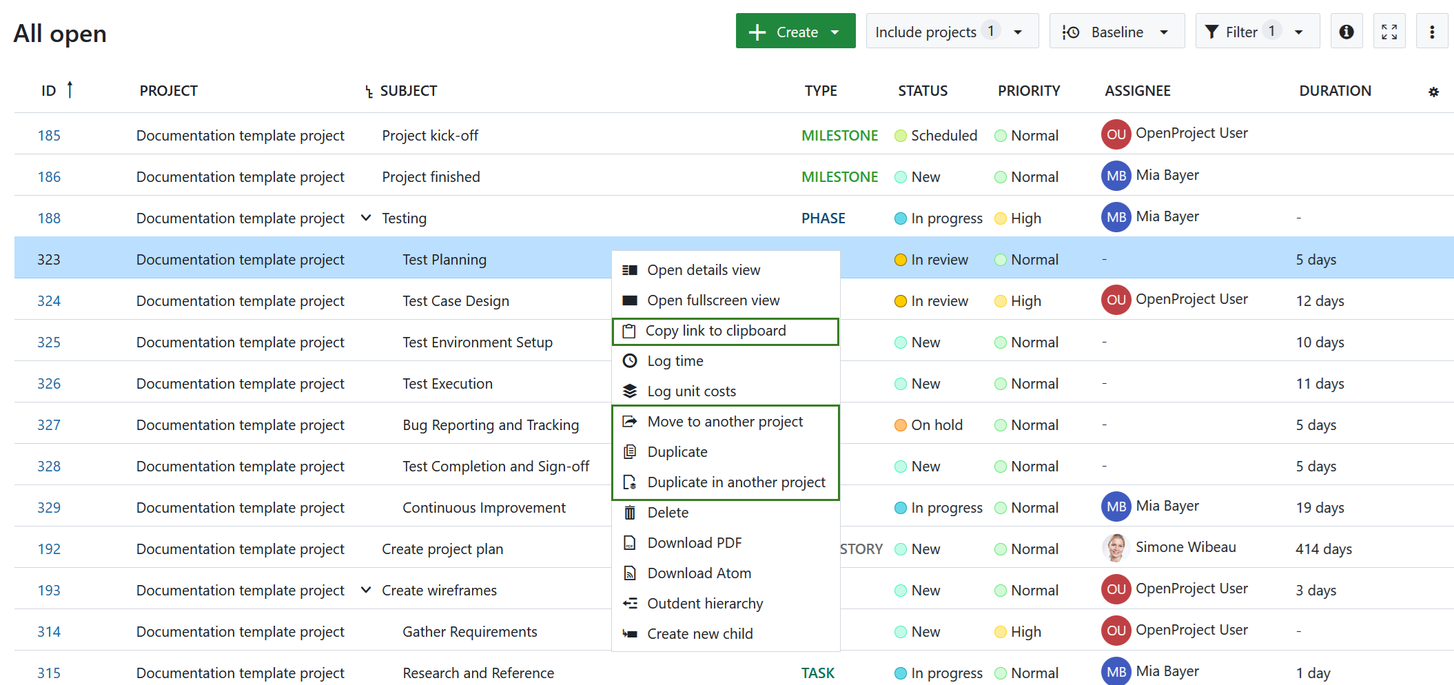 Work package editing options in a work package table view in OpenProject