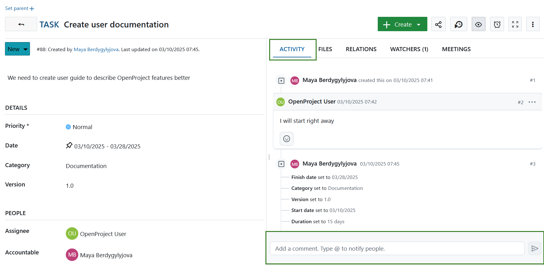 Kommentar zu Arbeitspaketen in OpenProject