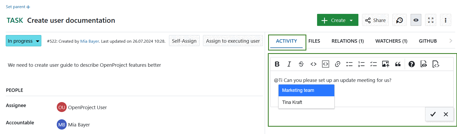Leave a comment in OpenProject work packages