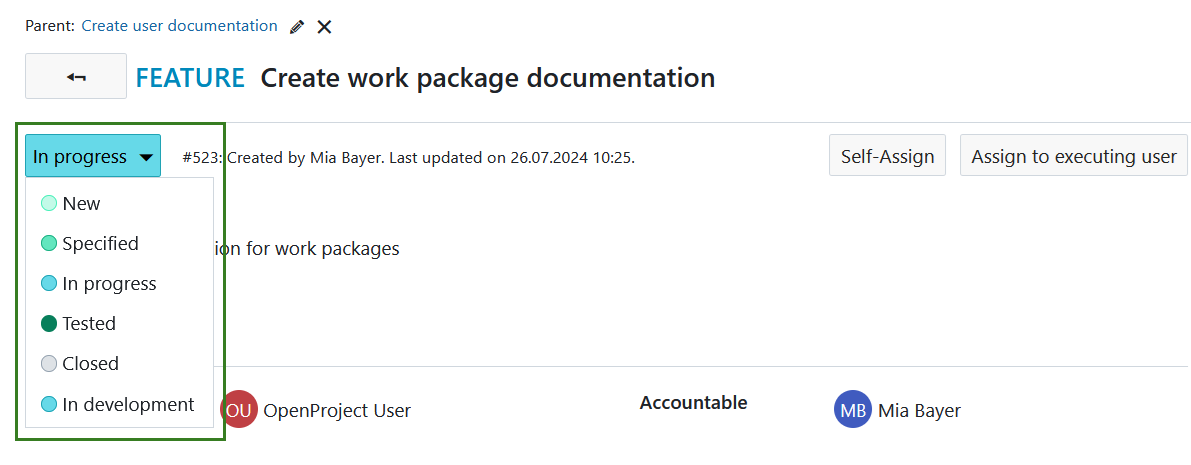 Update a work package status in OpenProject