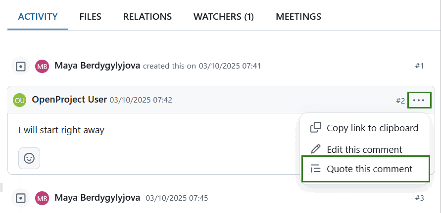 Edit a work package comment in OpenProject