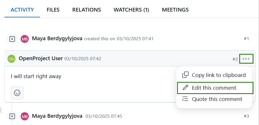 Edit a comment in a work package in OpenProject