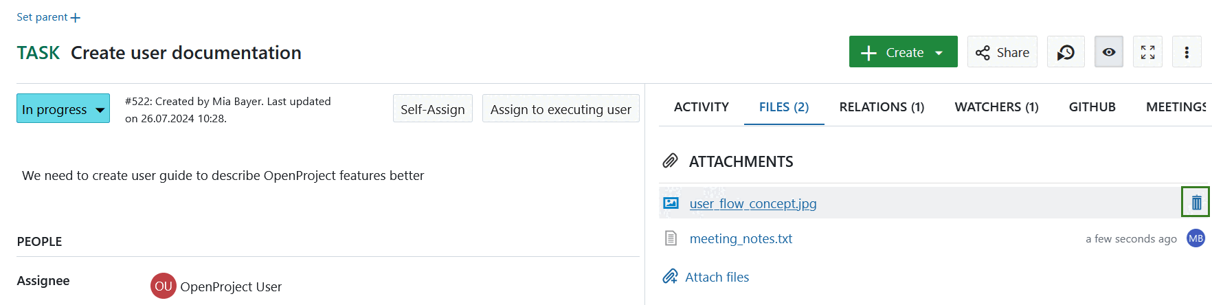 Delete a work package attachment in OpenProject
