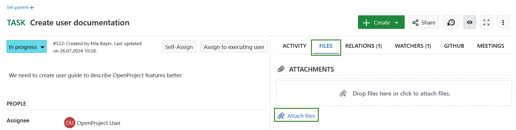 Manual attachment upload in an OpenProject work package